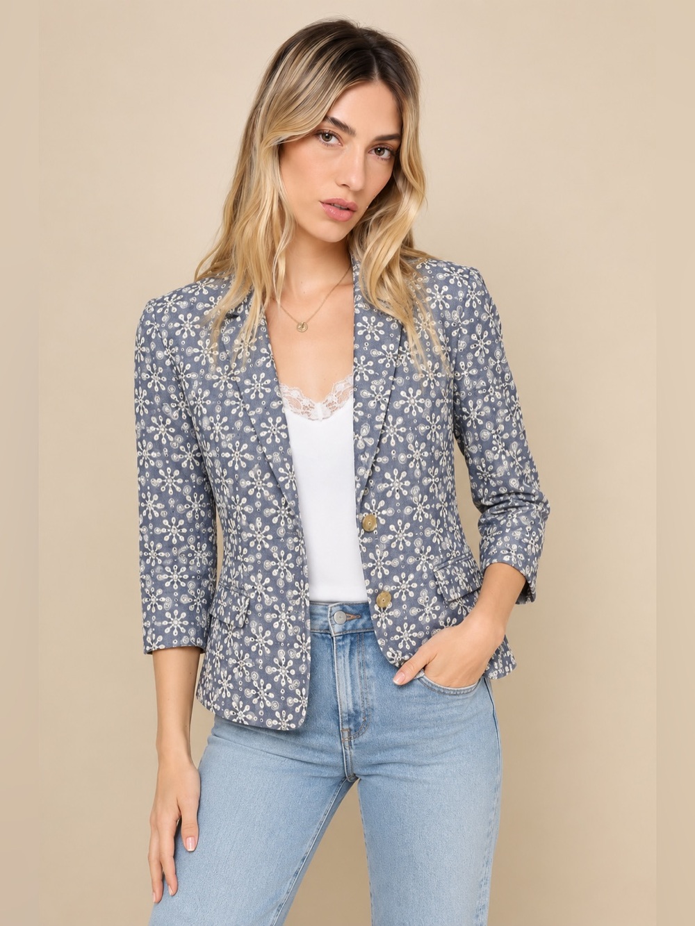 Lord & Taylor Chambray Eyelet Embroidered Blazer 6